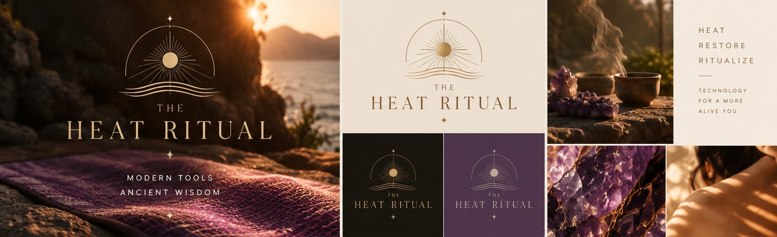 The Heat Ritual mood: the gold sun mark on obsidian, sand and amethyst, a BioMat on sunlit rock, tea and amethyst crystals